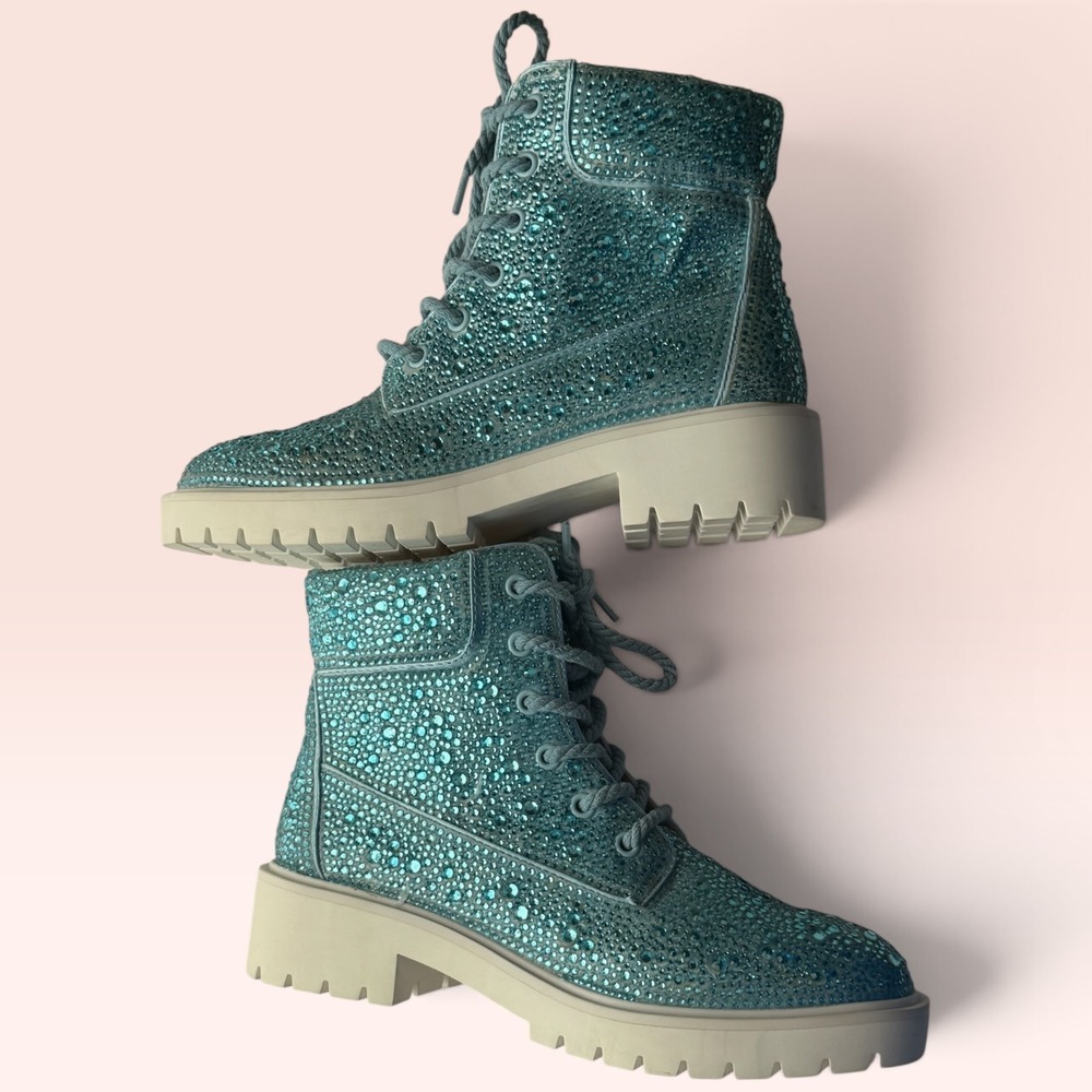 Betsey Johnson SB-HUDSN Rhinestone Combat Boots 7M Teal Blue Crystal Embellished